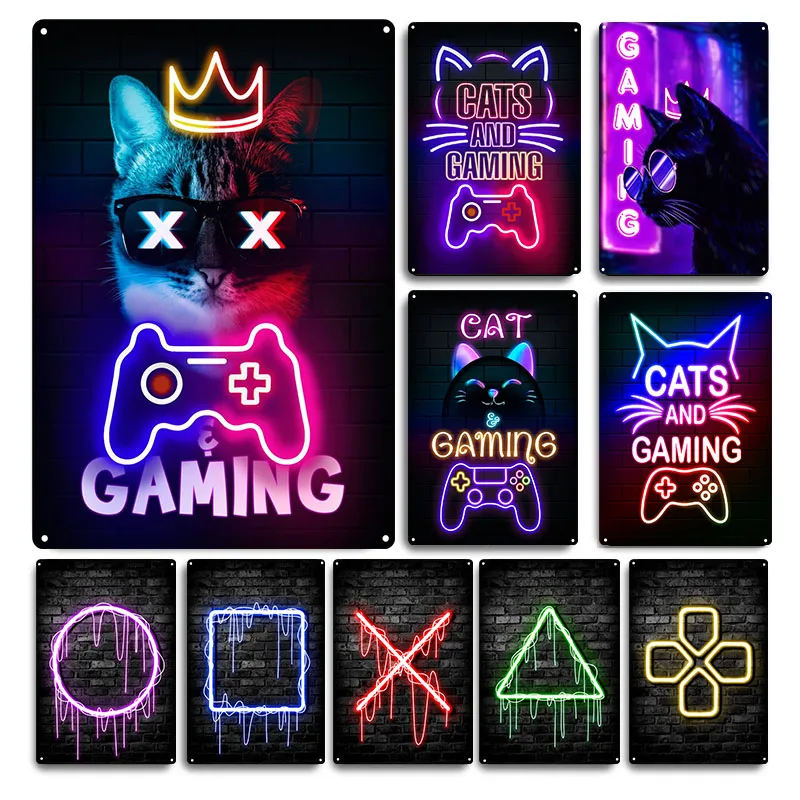 Retro Gaming Cafe - ป้ายโลหะสำหรับแมวเกมเมอร์แบบย้อนยุคโปสเตอร์ดีบุกแนววินเทจ hiasan kamar ของนักเล่นเกม Zoon แผ่นโลหะสำหรับร้านกาแฟ