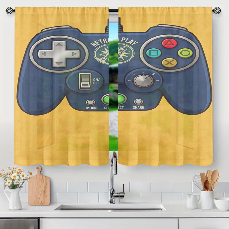 Retro Gaming Cafe - แผงม่านลายคอนโทรลเลอร์เกม ตกแต่งหน้าต่างวิดีโอเกมย้อนยุค ผ้าม่านโปร่งแสงสำหรับห้องนั่งเล่นที่บ้าน