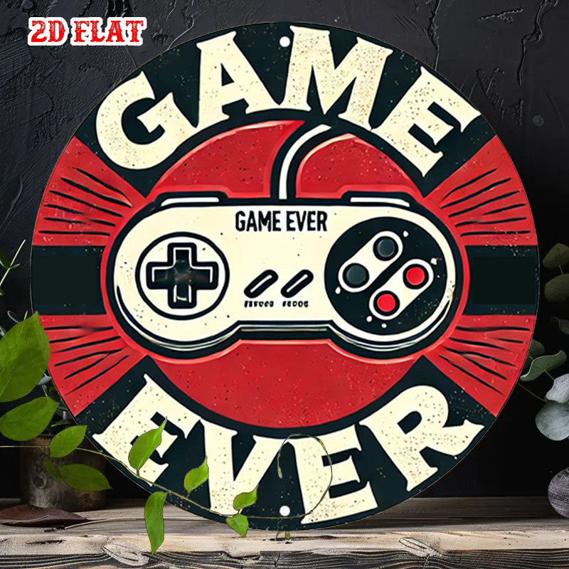 Retro Gaming Fun - ป้ายโลหะอะลูมิเนียมทรงกลมลายเกมย้อนยุค 2 มิติ 1 ชิ้น, ป้ายโลหะลายคอนโทรลเลอร์