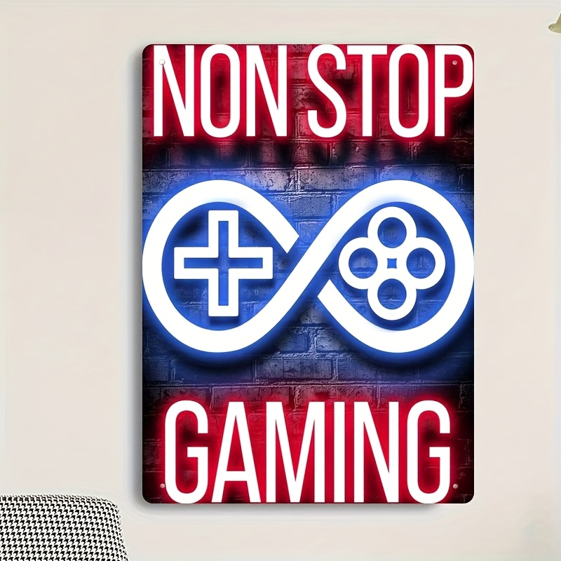 Retro Gaming Cafe - ป้ายโลหะวินเทจติดผนัง - ป้ายเกมมิ่งสไตล์เรโทรพร้อมไฟนีออน 