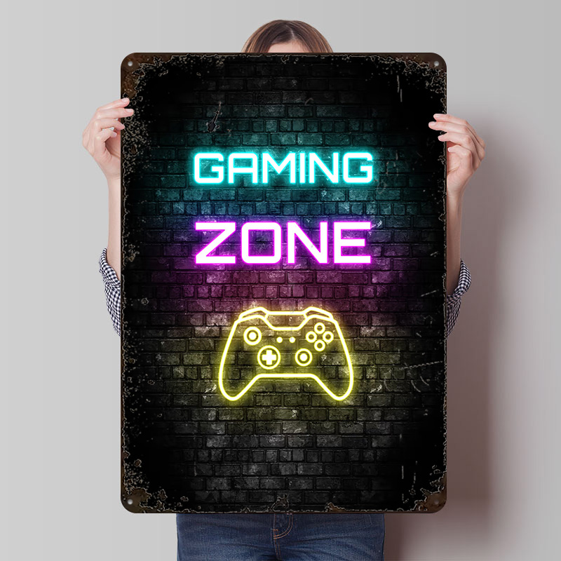 Retro Gaming On - ป้ายไฟนีออนลายเกมมิ่งโซนบนโปสเตอร์พิมพ์ลายอิฐ งานศิลปะตกแต่งผนังแบบกำหนดเอง ป้ายโลหะสไตล์เรโทรวินเทจสำหรับตกแต่งบ้าน ห้องนอน และห้องต่างๆ